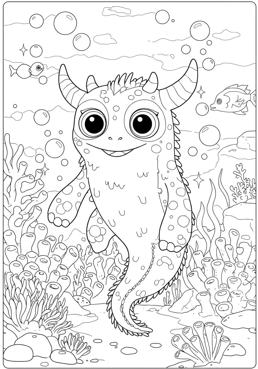 An easy free printable coloring page featuring a friendly, large-eyed deep sea monster surrounded by bubbles and coral, perfect for kids.