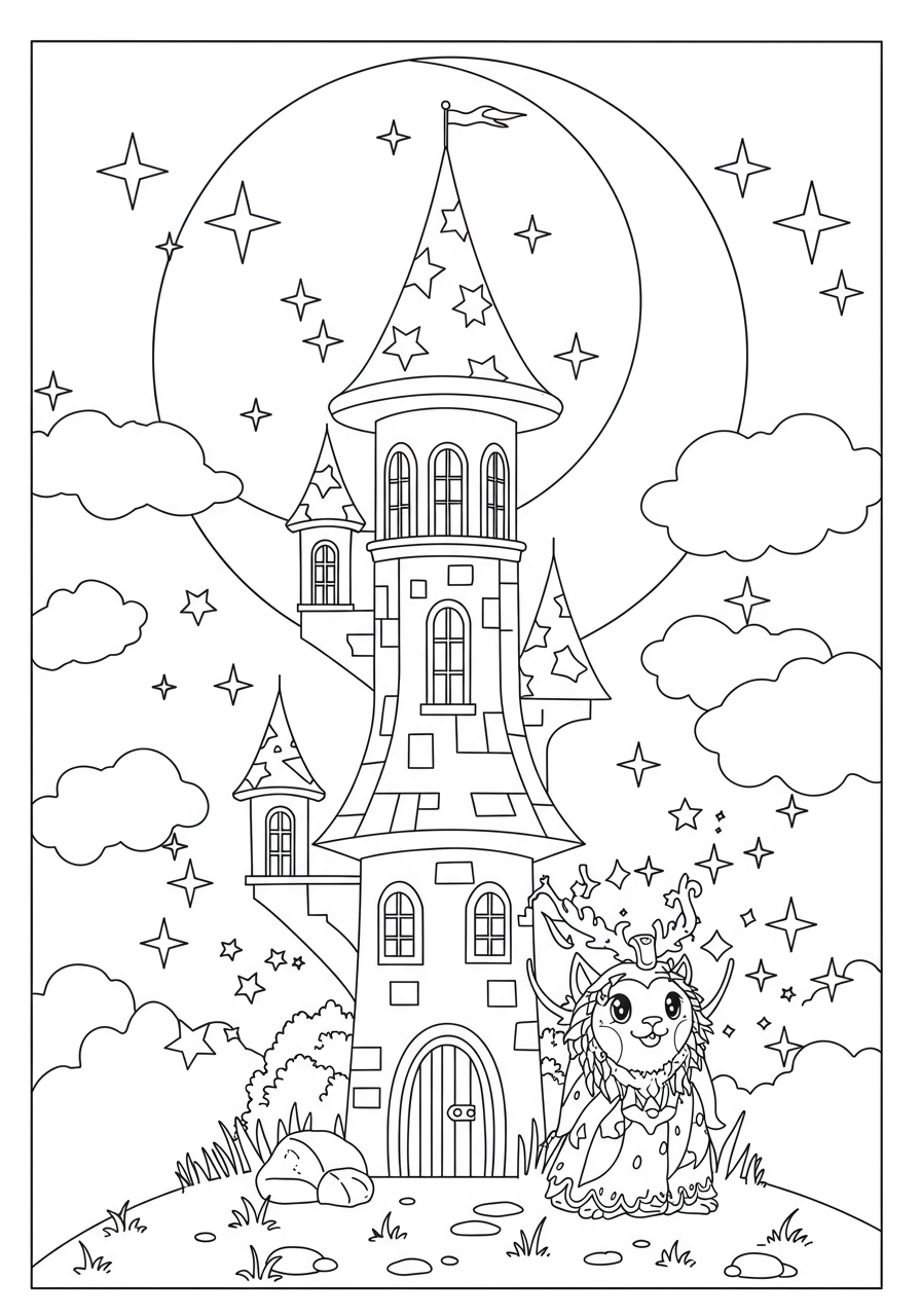 Sorcerer's Tower Under Moon free printable coloring page for kids, showing a tall, mysterious tower beneath a bright crescent moon with stars and possibly bats.