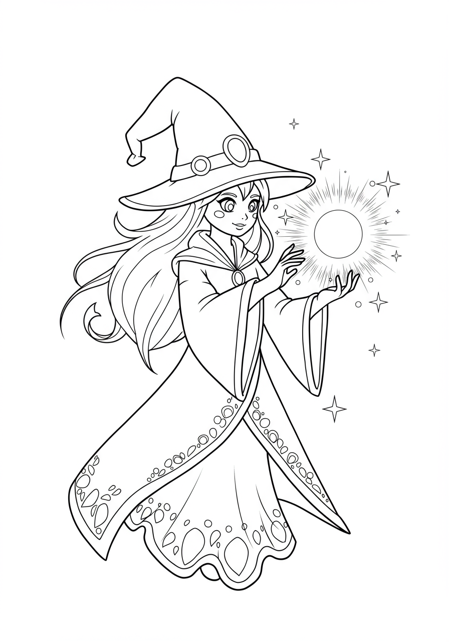 Free printable coloring page depicting a sorceress with a pointed hat and flowing robes, conjuring a bright, glowing orb of magic with her hands, suitable for kids.