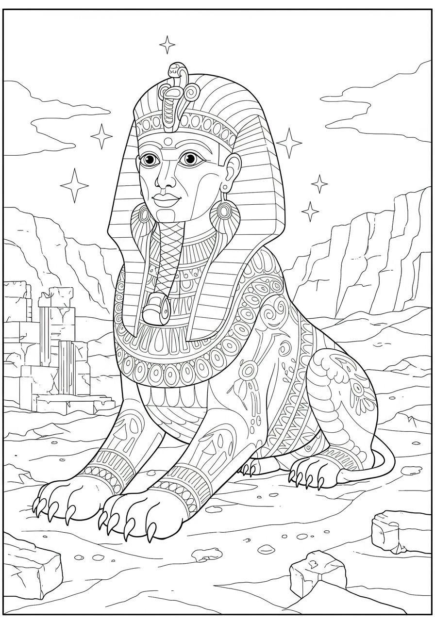A free printable coloring page depicting a majestic Sphinx with a human head and lion's body, guarding ancient, crumbling ruins in a desert landscape under a clear sky, perfect for kids.