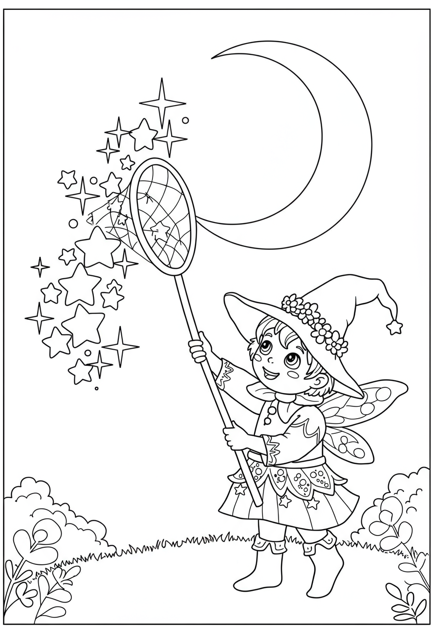 A free printable fantasy coloring page depicting a whimsical character, possibly a child or fairy, using a net to catch multiple sparkling stars from a crescent moonlit night sky, perfect for kids.