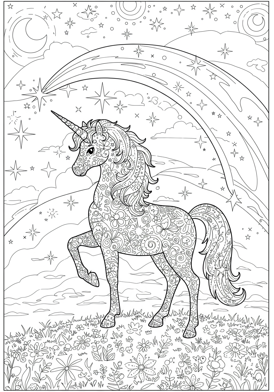 Free printable Starry Night Unicorn Silhouette coloring page for kids. Easy fantasy art featuring a majestic unicorn against a starry sky.
