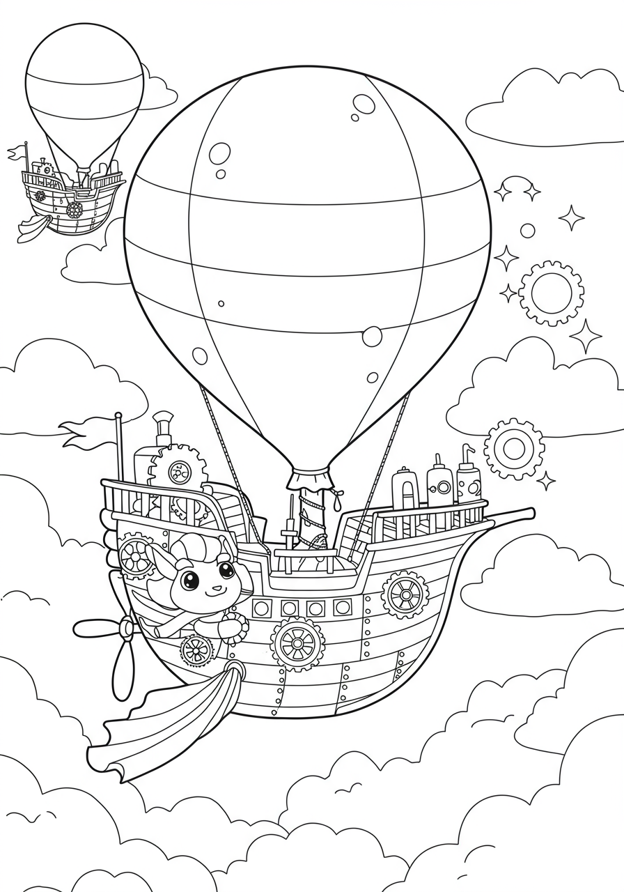 Free printable coloring page featuring an easy-level steampunk airship flying high in the sky with gears and a large balloon, perfect for kids and fantasy enthusiasts.