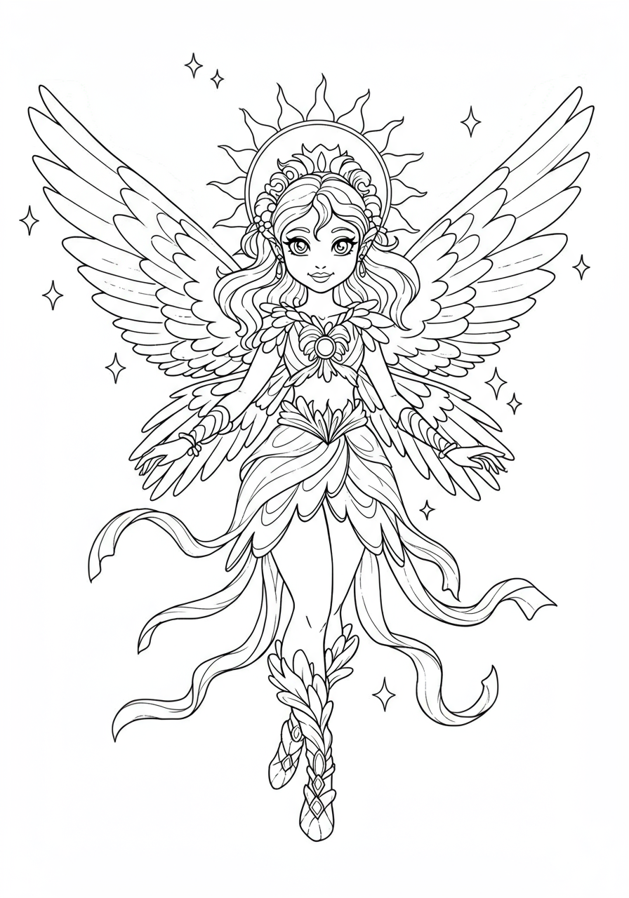 Free printable coloring page depicting a radiant sun fairy with glowing wings and a warm aura, perfect for kids' creative play and artistic fun.