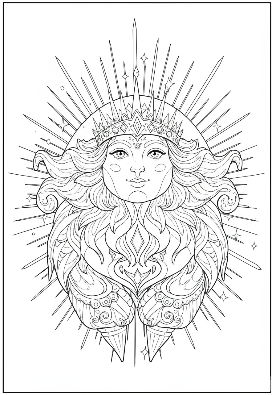 Free printable coloring page featuring a fantasy golden sun god with a radiant crown and sun rays, perfect for kids to color.