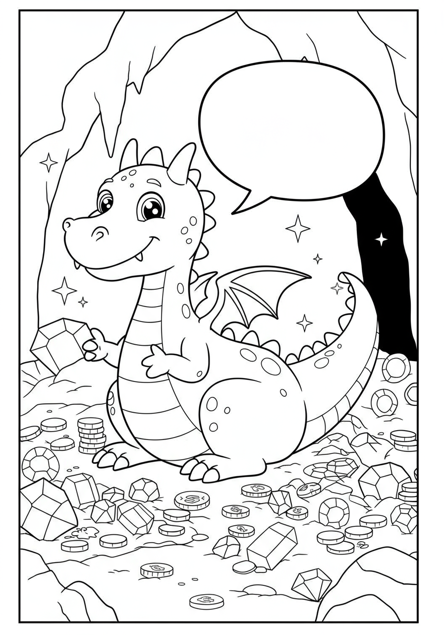 Free printable talking dragon protecting treasure coloring page for kids, featuring a friendly green dragon with a speech bubble sitting amongst gold coins and jewels in a cave.