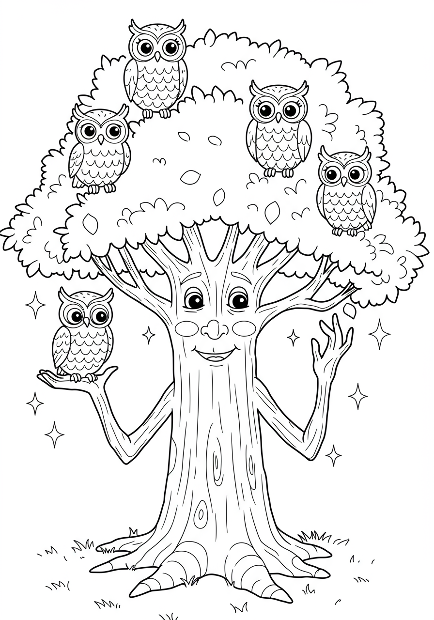 Free printable Talking Tree with Owls fantasy coloring page for kids, featuring a friendly talking tree with an expressive face and wise owls perched on its branches, ready to be colored.