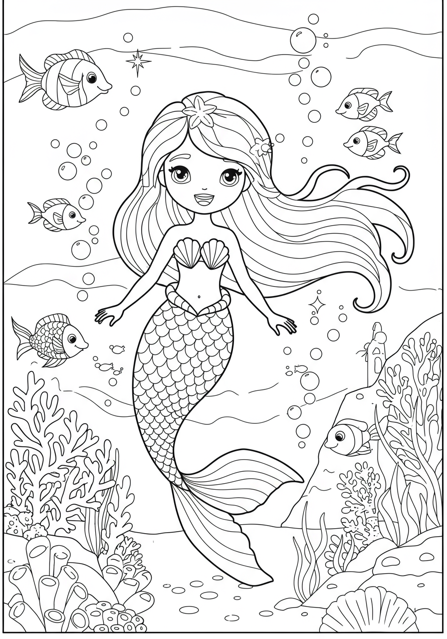 An easy free printable coloring page featuring a happy mermaid with a flowing tail and hair, swimming in an underwater kingdom surrounded by friendly fish, bubbles, and simple coral.