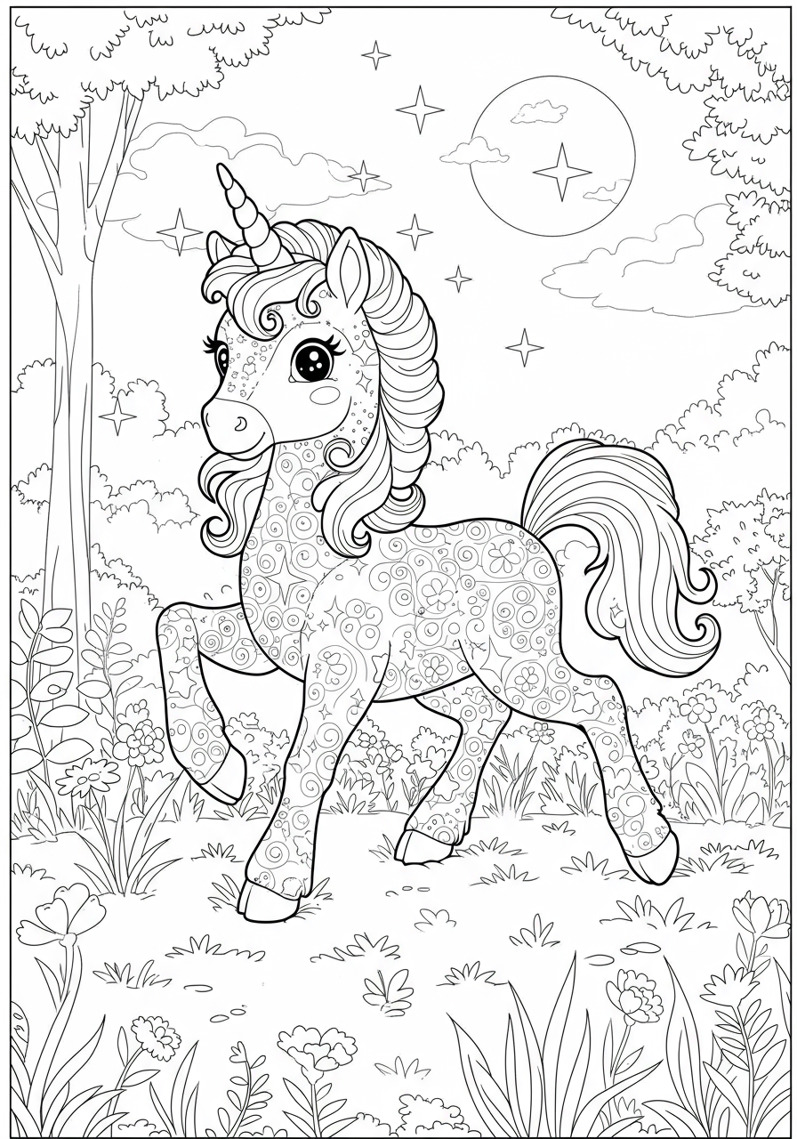 Free printable coloring page featuring a happy unicorn foal prancing in a magical meadow, perfect for kids to color and enjoy.