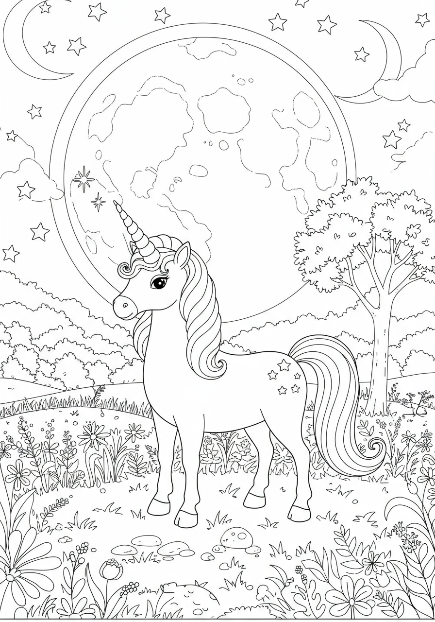 Free printable Unicorn in Moonlit Meadow coloring page for kids, showing a magical unicorn with a spiraled horn standing in a field under a large full moon and stars. Easy difficulty, perfect for young children.