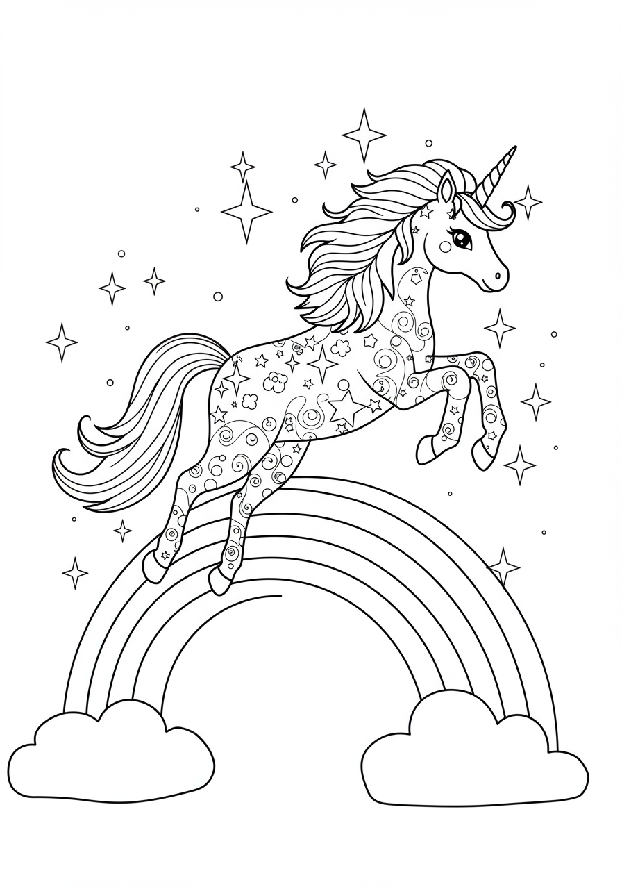 Free printable coloring page featuring a graceful unicorn leaping over a beautiful rainbow, perfect for kids.