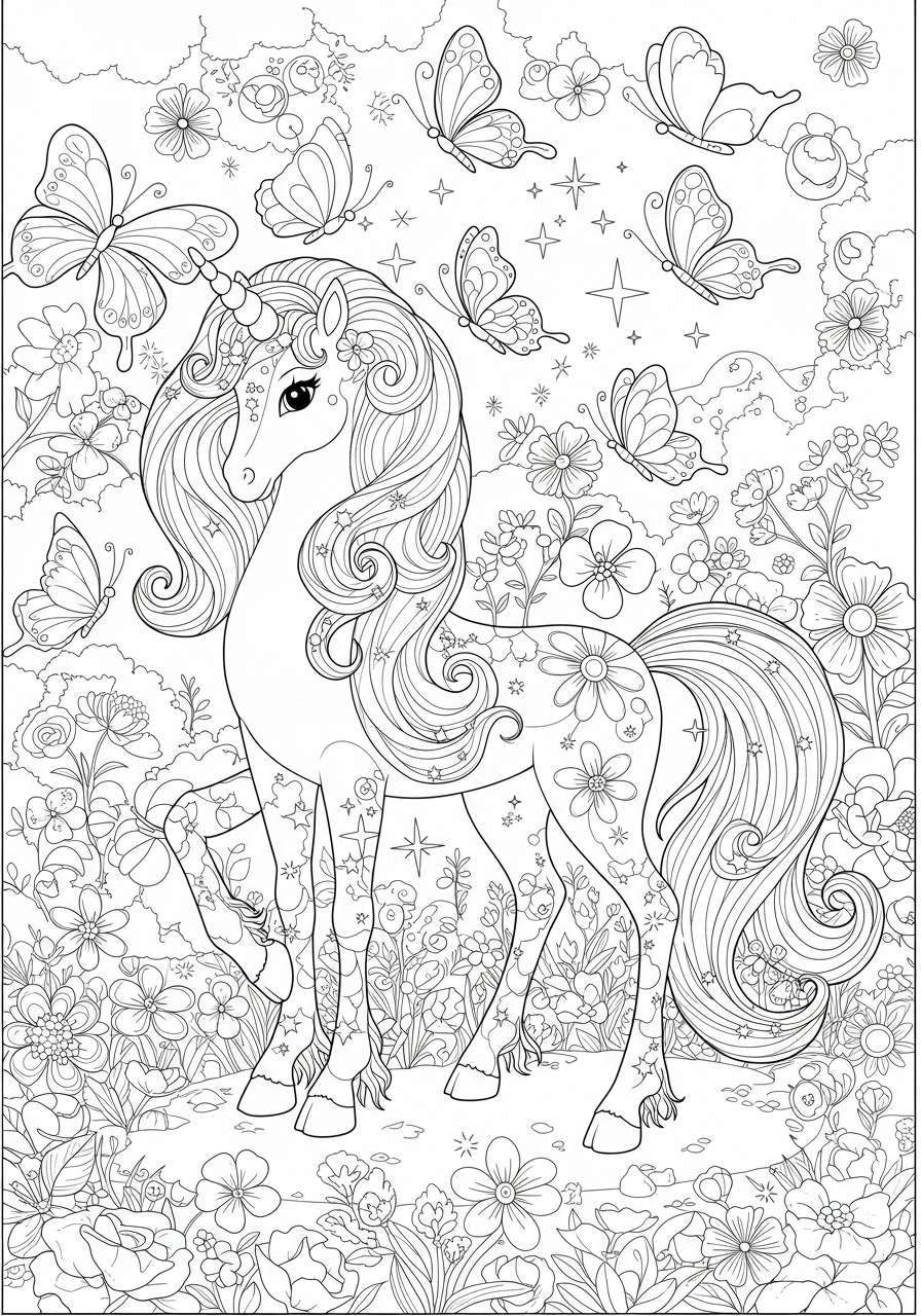 A free printable coloring page featuring a magical unicorn with a flowing mane and tail, surrounded by numerous graceful butterflies and delicate flowers, perfect for kids.