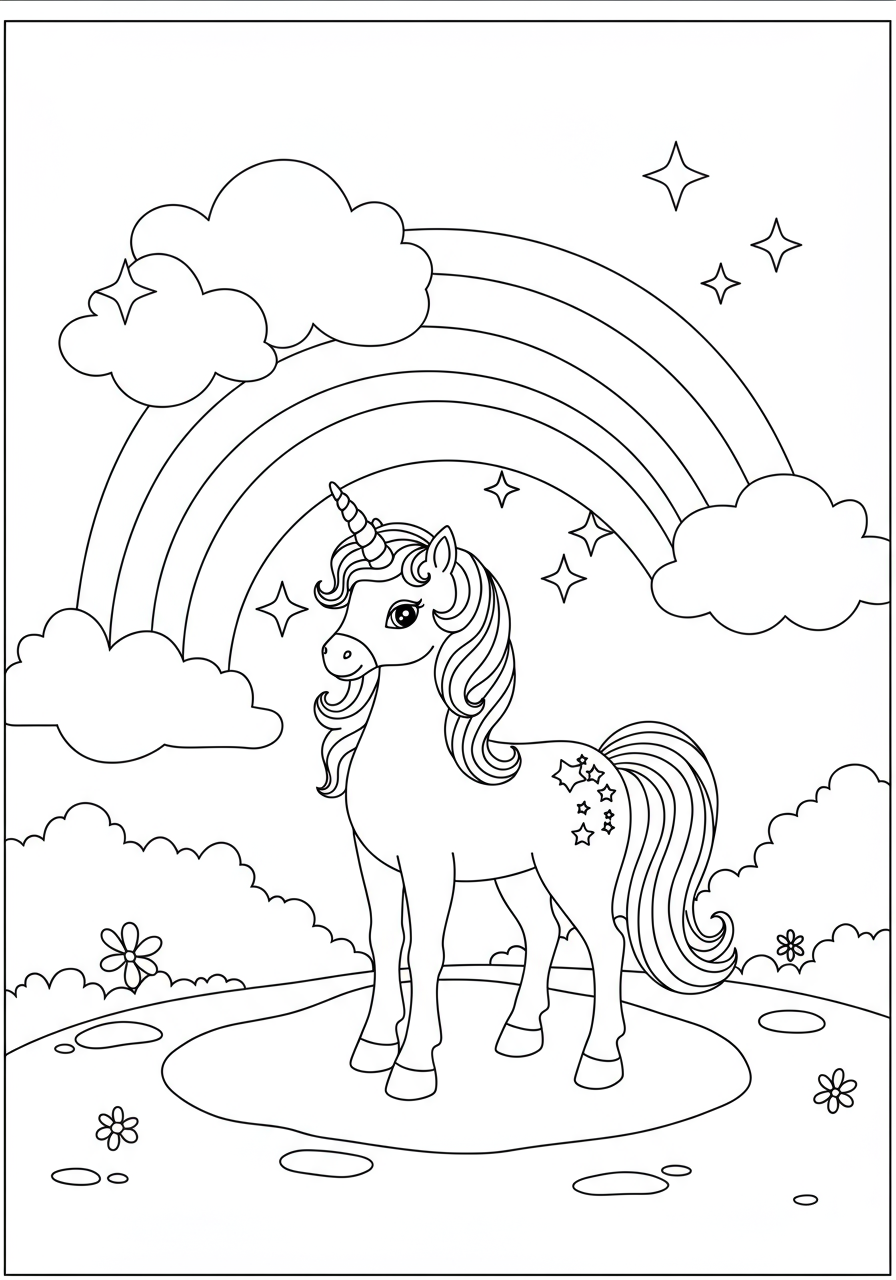 A free printable coloring page showing a graceful unicorn standing under a vibrant, arcing rainbow, with fluffy clouds in the background, designed for children.