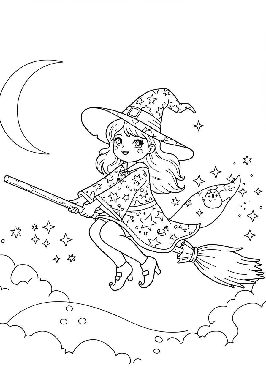 A friendly witch flying on her broomstick against a starry night sky, a free printable fantasy coloring page for kids.