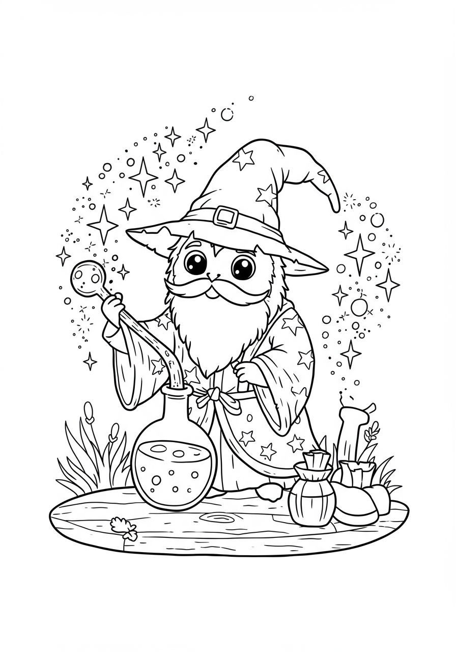 A free printable coloring page featuring a friendly wizard stirring a bubbling magic potion in a cauldron, with shelves and bottles in the background. Easy difficulty for kids.