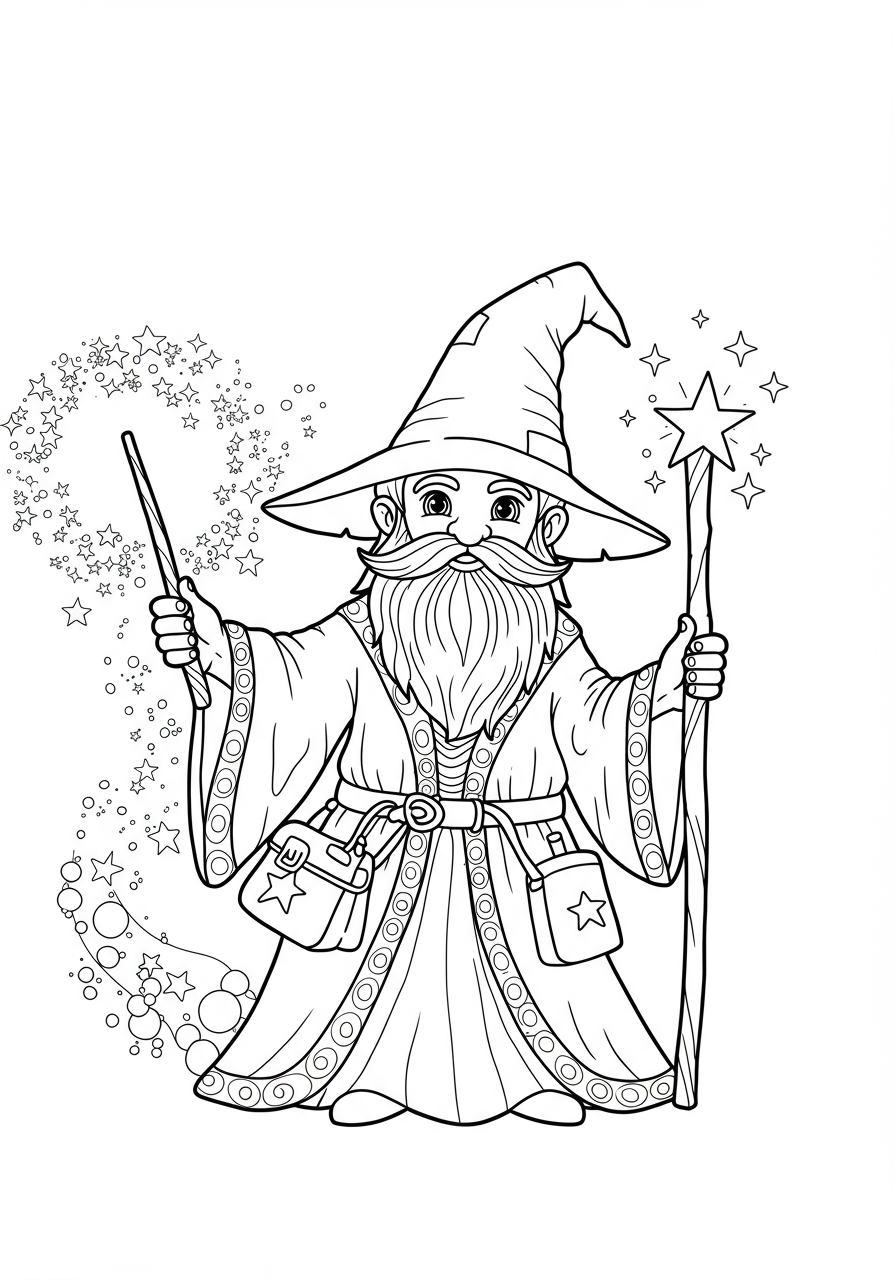 Free printable fantasy coloring page of a wise wizard with a long beard and pointed hat, casting a glowing magical spell with a wand.