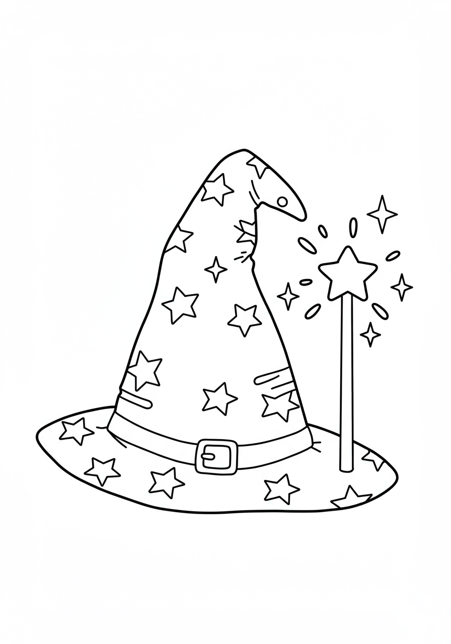 An outline drawing of a classic pointy wizard hat adorned with stars and a magic wand, ready for coloring. Free printable fantasy coloring page for kids.