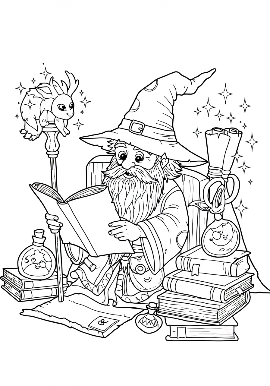Free printable coloring page showing a wise old wizard with a long beard and pointed hat, sitting and reading several ancient scrolls, surrounded by books and magical items.