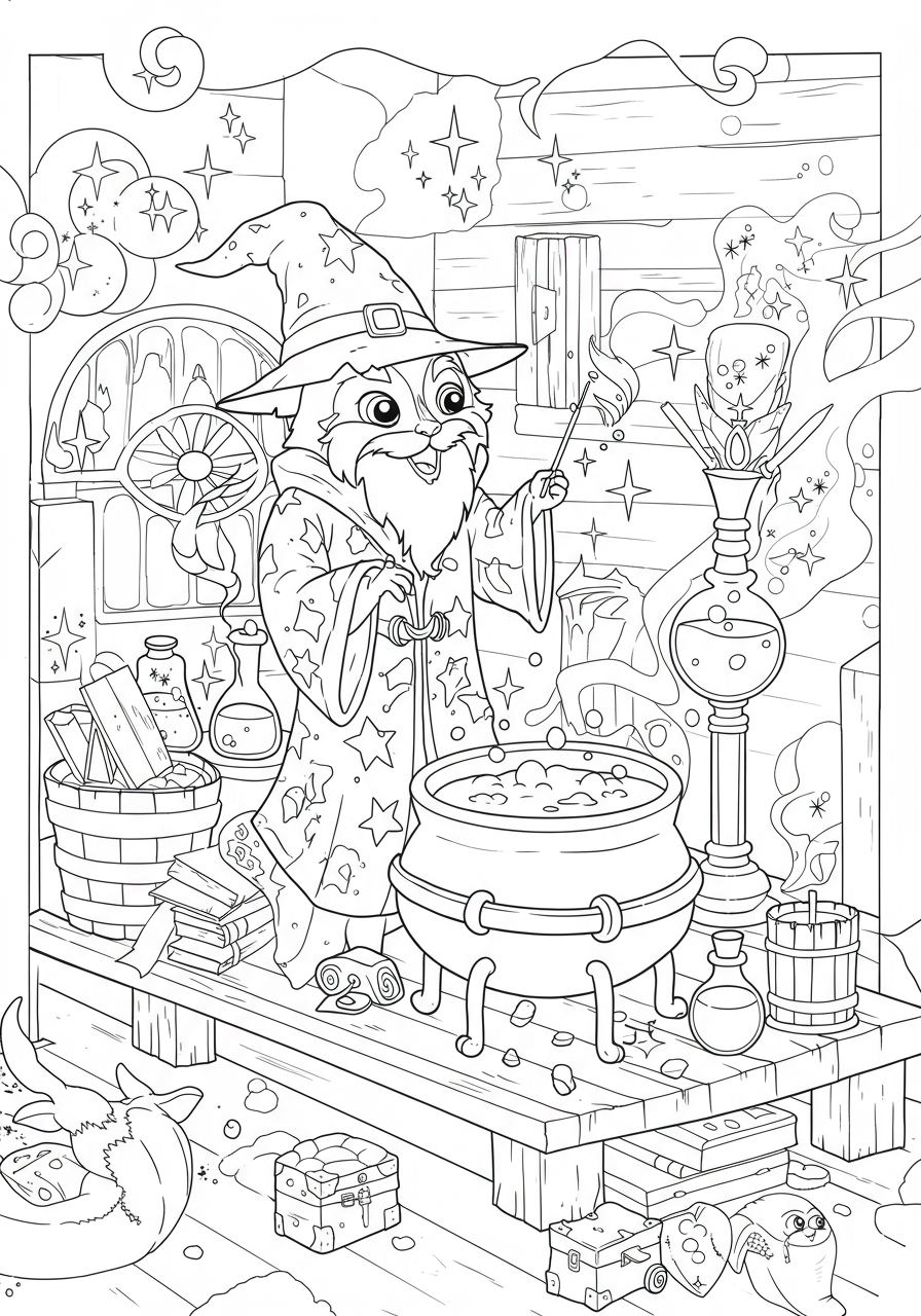 Free printable coloring page featuring a wizard's laboratory with bubbling cauldrons, vials, and smoke, designed for kids.