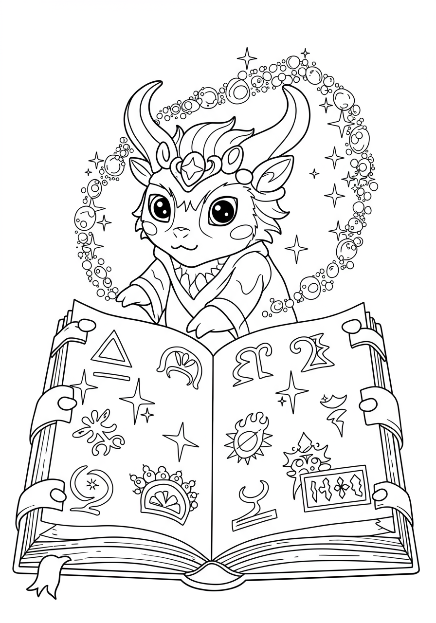 Free printable Wizard's Spell Book Open coloring page for kids, showing a detailed magical book with symbols and script on its open pages.