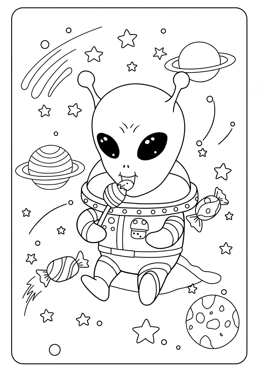 Free printable coloring page featuring a friendly alien happily eating colorful space candy, surrounded by stars and planets.