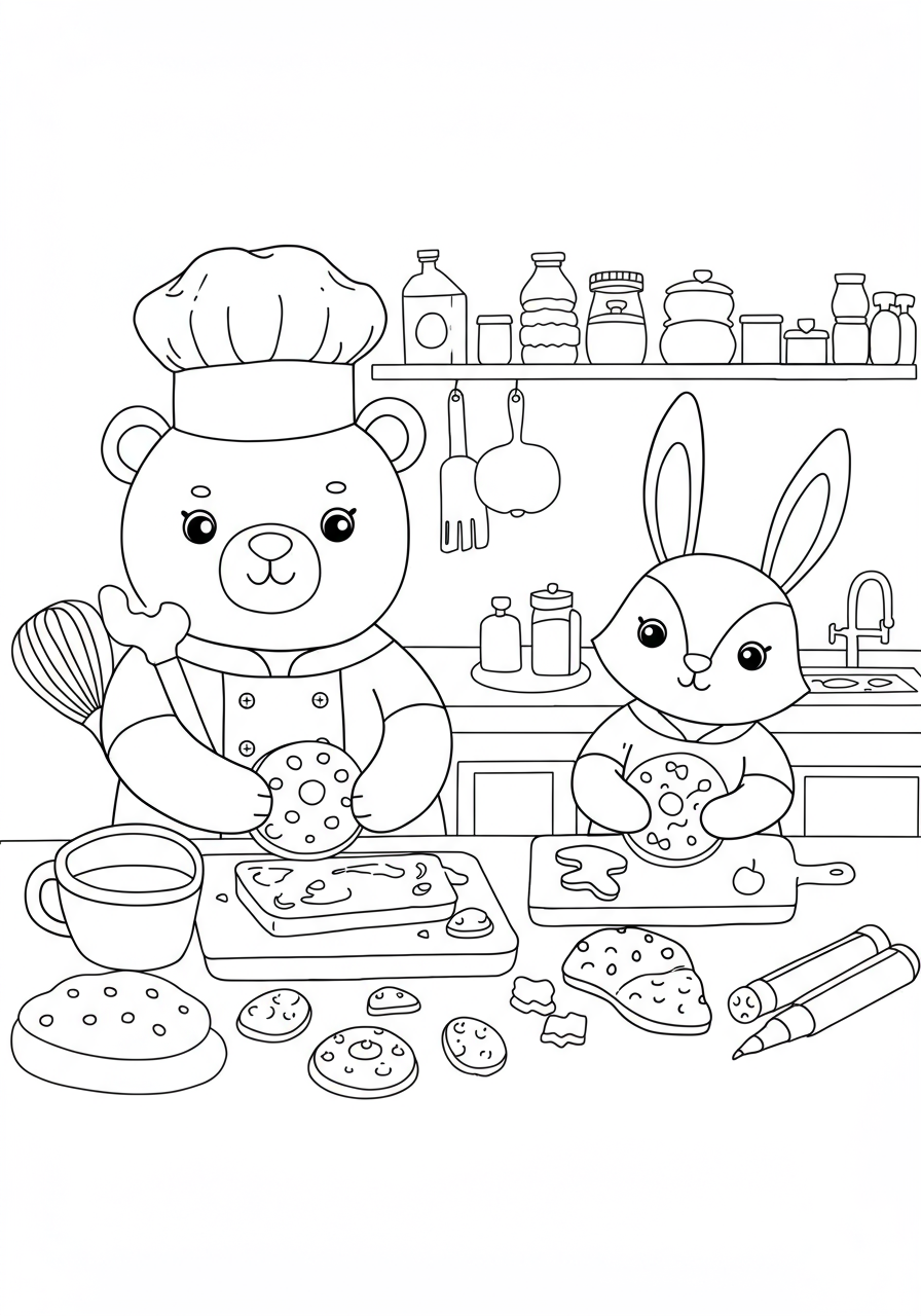 Free printable Animal Baking Cookies coloring page featuring a bear, fox, and bunny baking in a cozy kitchen, perfect for kids.