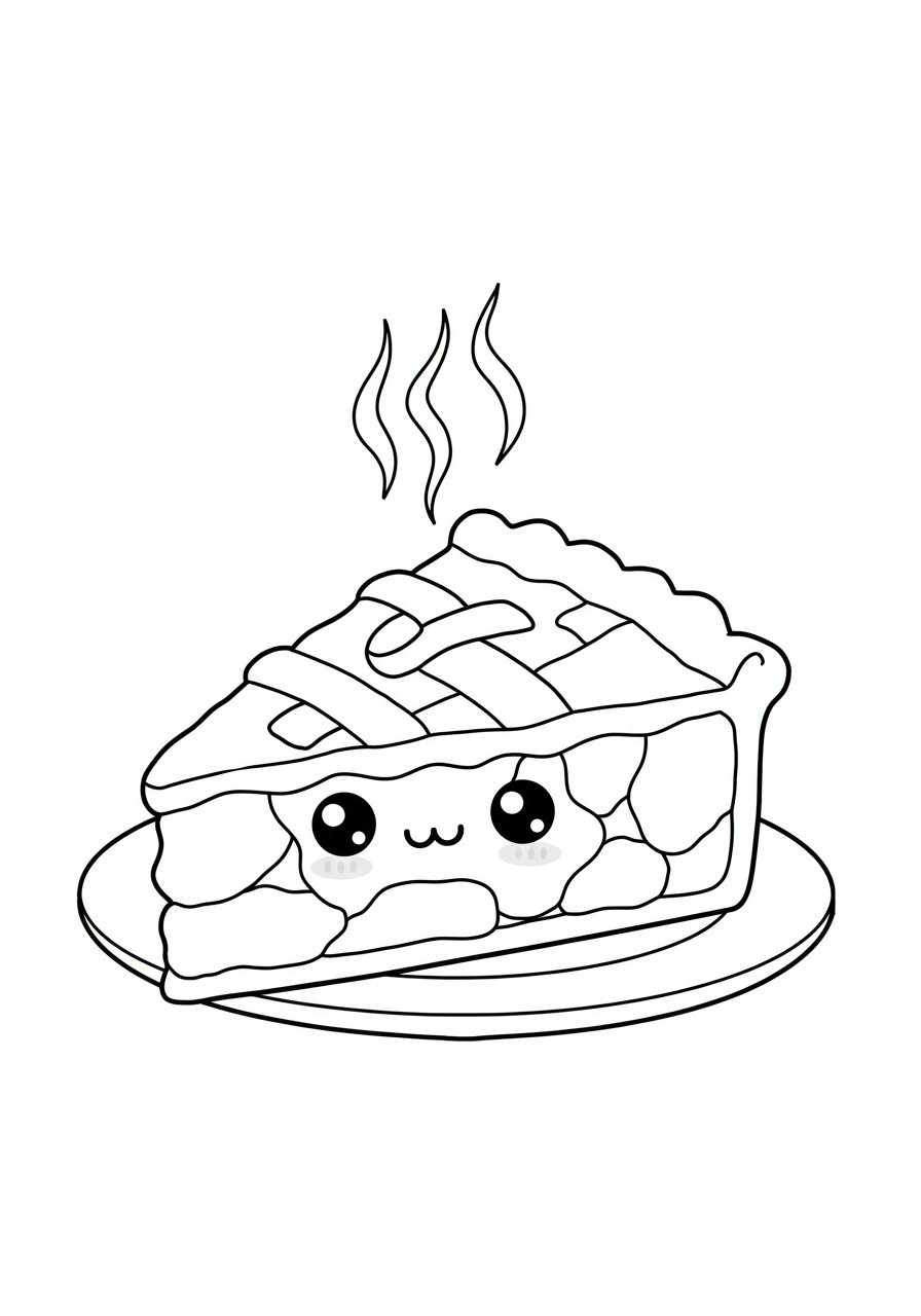 Free printable coloring page depicting a warm slice of apple pie with visible steam rising from it, on a simple background.
