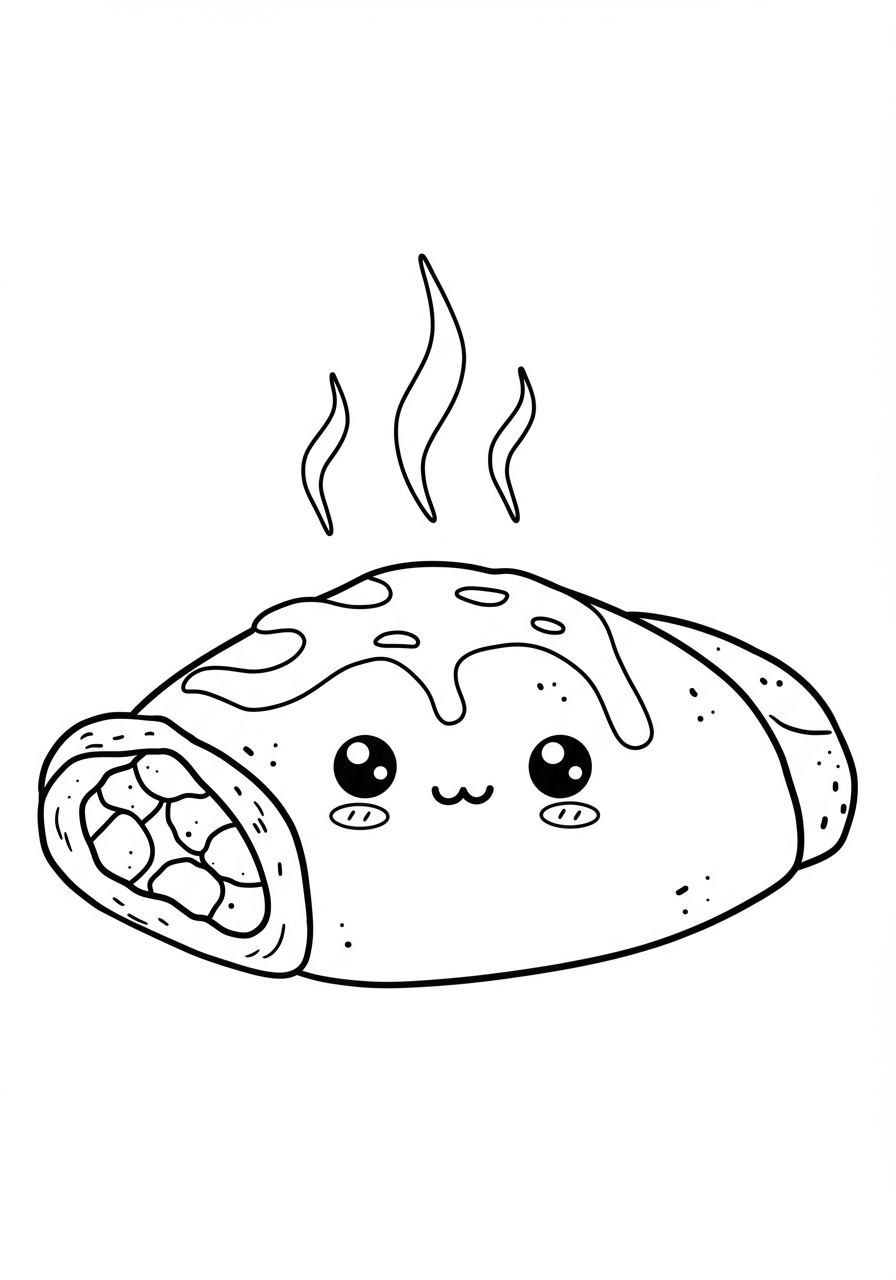 Free printable coloring page featuring a warm, delicious apple turnover with steam rising, on a simple background, perfect for kids.