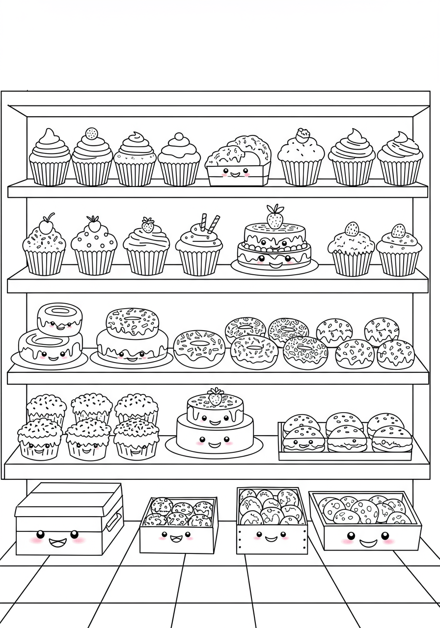 Free printable bakery interior treats coloring page for kids, featuring shelves of cupcakes, cakes, donuts, and cookies, easy for young children to color.