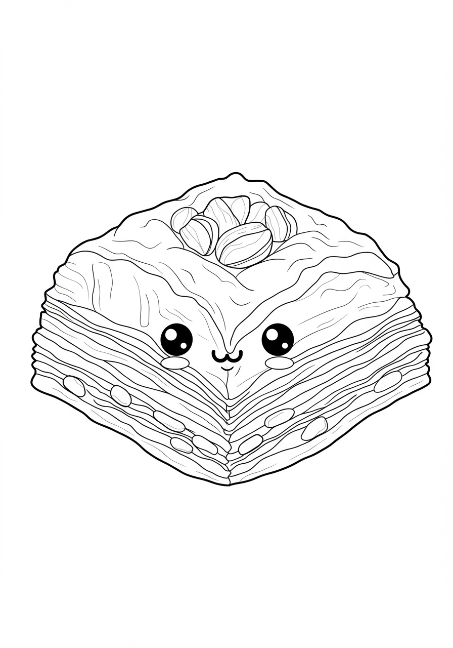 Free printable Baklava Sweet Pastry coloring page for kids, showing diamond-shaped pastries with filo layers and nuts.
