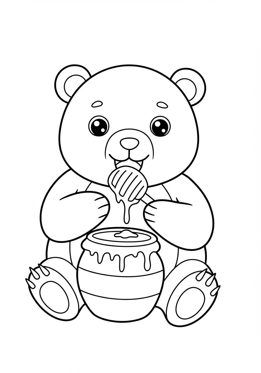 Free printable coloring page featuring a happy cartoon bear eagerly eating golden honey from a pot, perfect for young children.