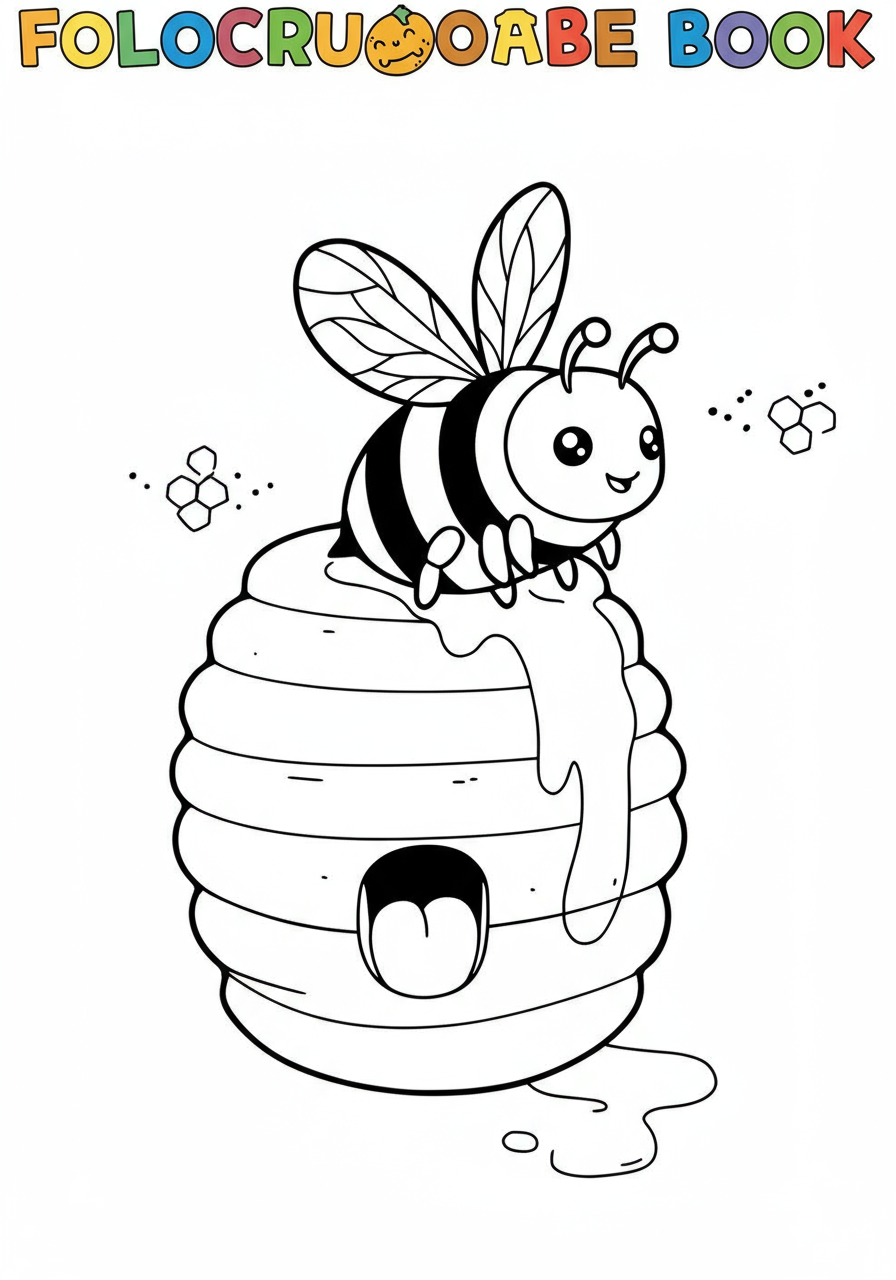 A free printable coloring page featuring a friendly bee buzzing around a golden honeycomb, perfect for kids to color.
