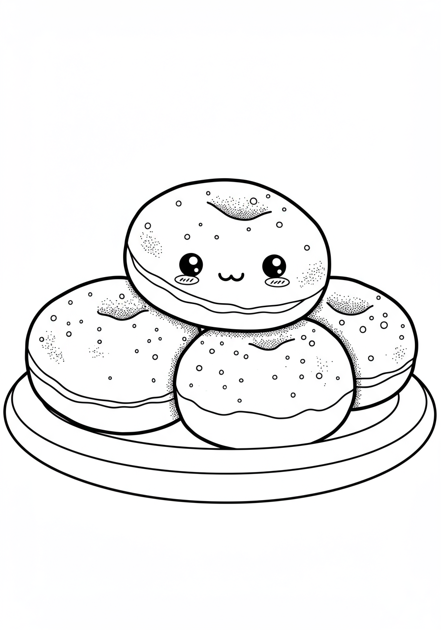 Free printable coloring page featuring fluffy warm beignets covered in powdered sugar, ready for kids to color.