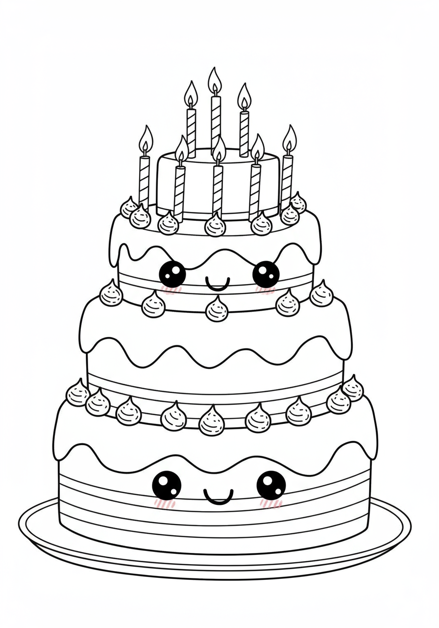 A free printable coloring page featuring a multi-tiered birthday cake topped with swirly frosting and several lit candles.