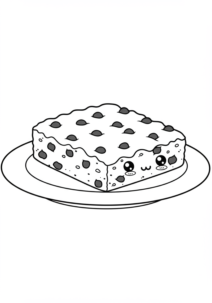 Free printable coloring page featuring a delicious-looking blondie chewy dessert bar with chocolate chips on a plate, perfect for kids to color.