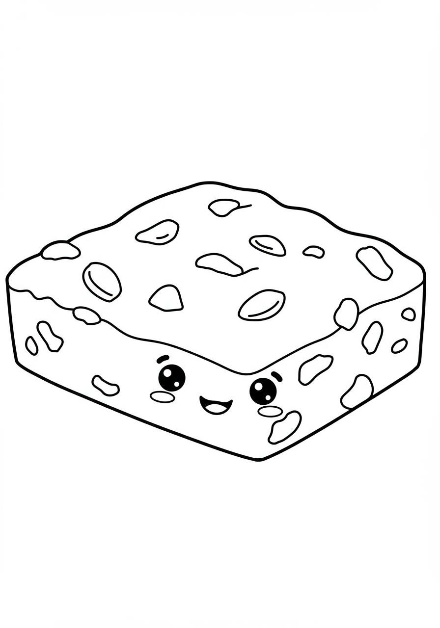 Free printable coloring page of a delicious brown brownie with visible nuts, perfect for kids to color.
