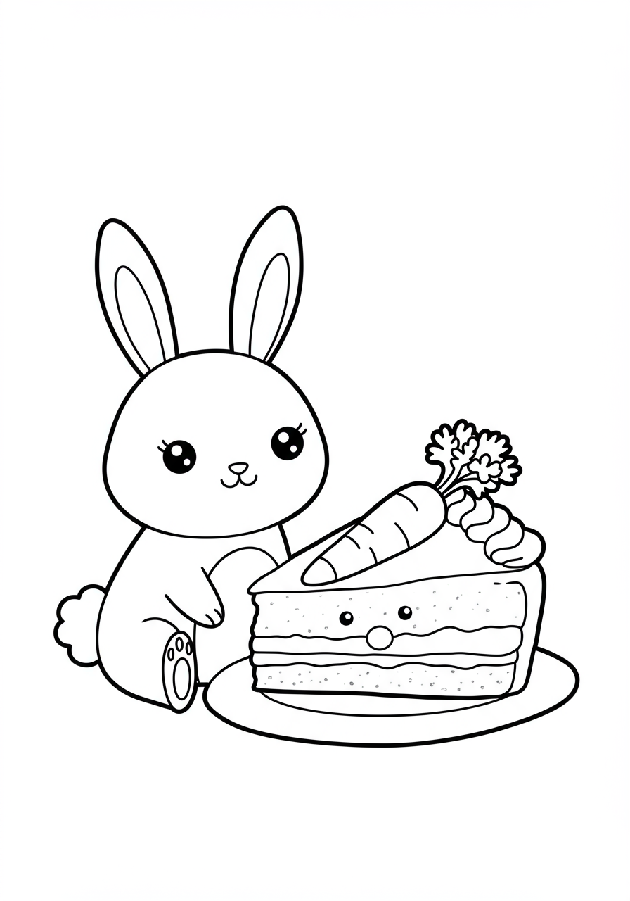 Free printable coloring page featuring a cute bunny sitting happily next to a slice of delicious carrot cake, perfect for kids and easy to color.