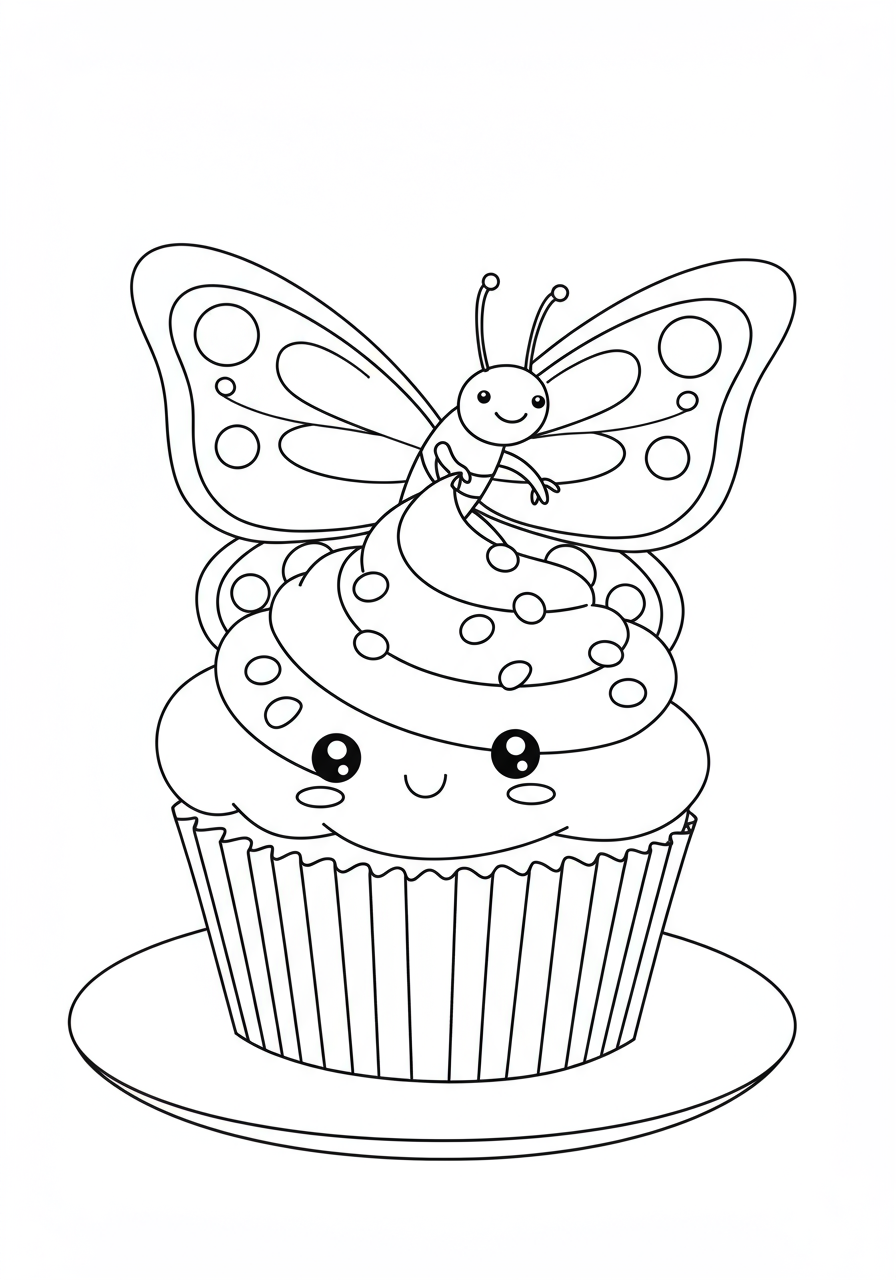 An easy free printable coloring page featuring a happy butterfly sitting on a delicious, frosted cupcake, perfect for kids.