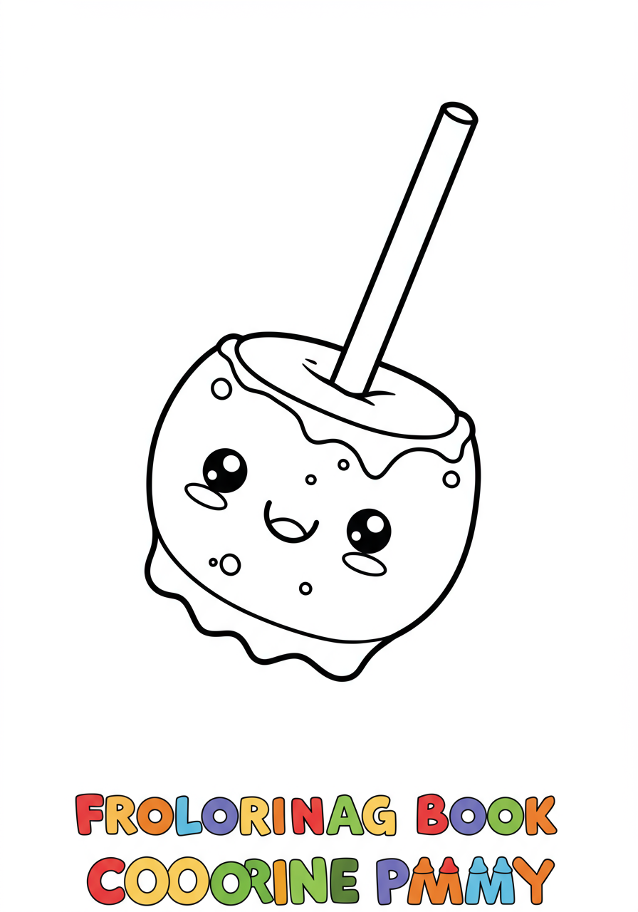 Free printable coloring page featuring a bright red candied apple on a stick, perfect for kids to color and enjoy.