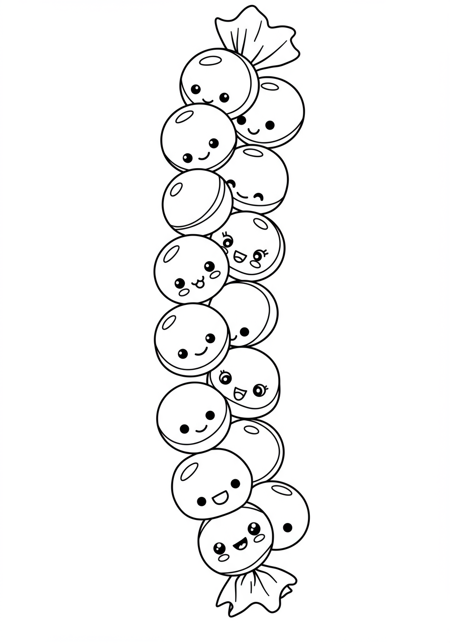 Free printable coloring page featuring a candy button strip with many small, round candies on paper, ready for kids to color brightly.