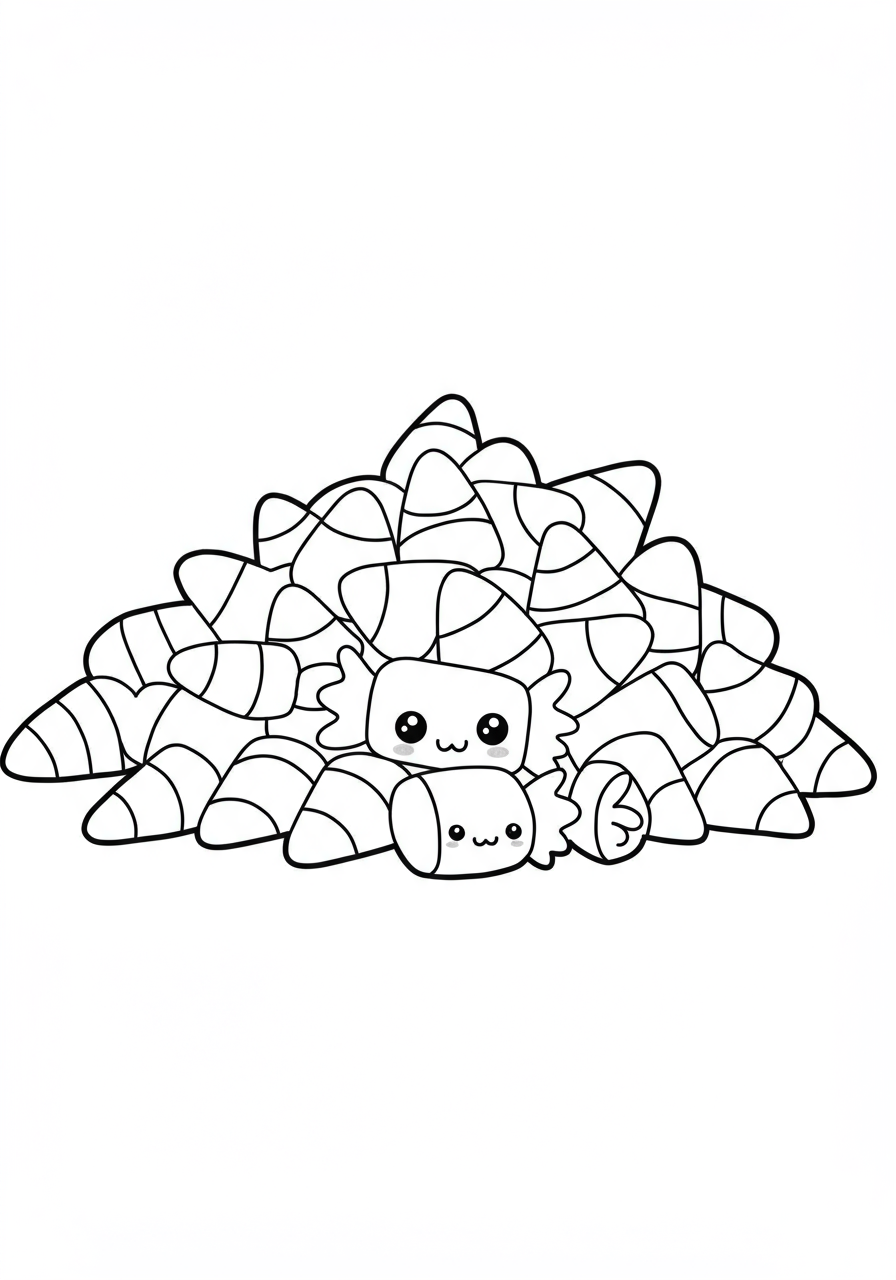 A free printable coloring page showing a large, delightful pile of candy corn, ready for children to color with vibrant autumn colors.