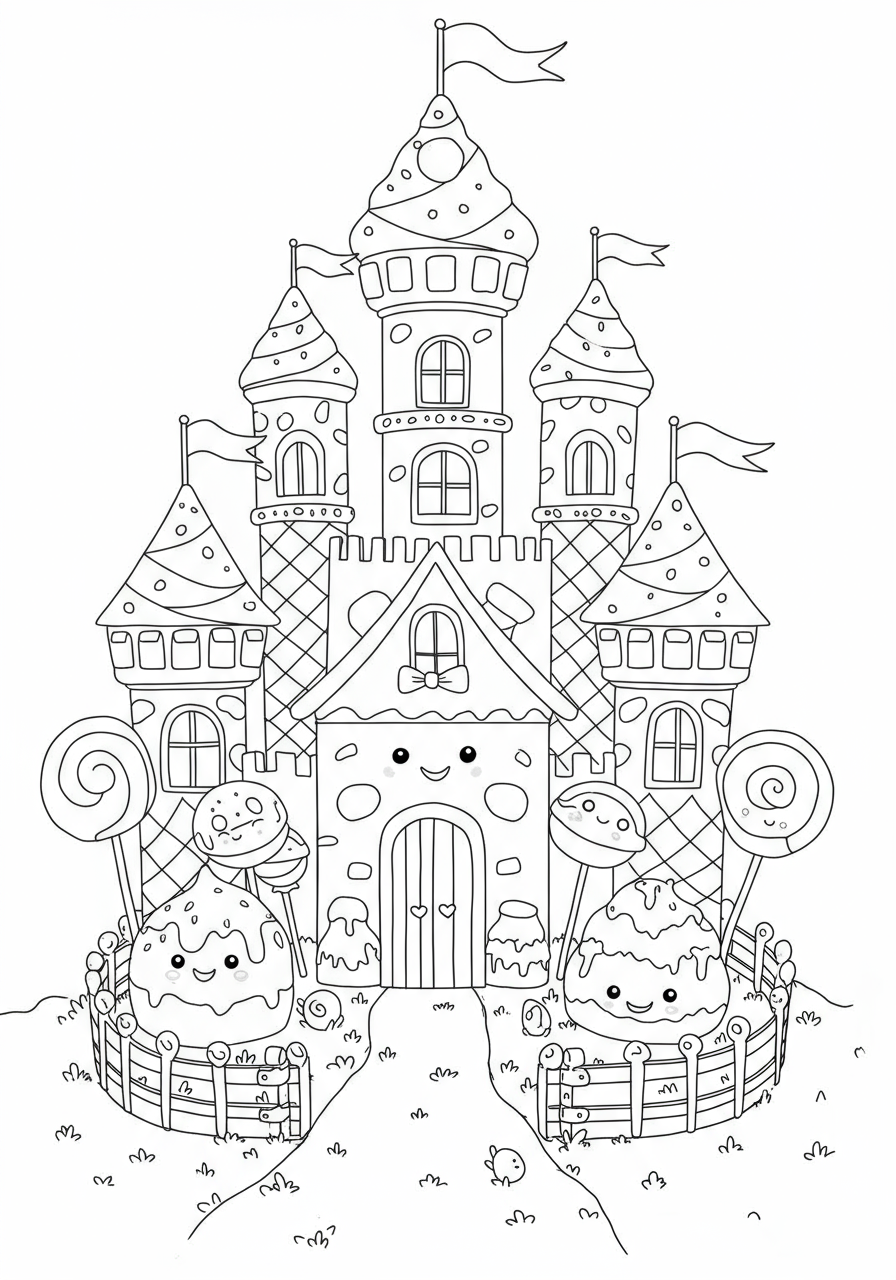 A free printable coloring page showing a fantastical candy kingdom castle with gumdrop turrets, lollipop trees, chocolate walls, and ice cream cone roofs, perfect for kids.