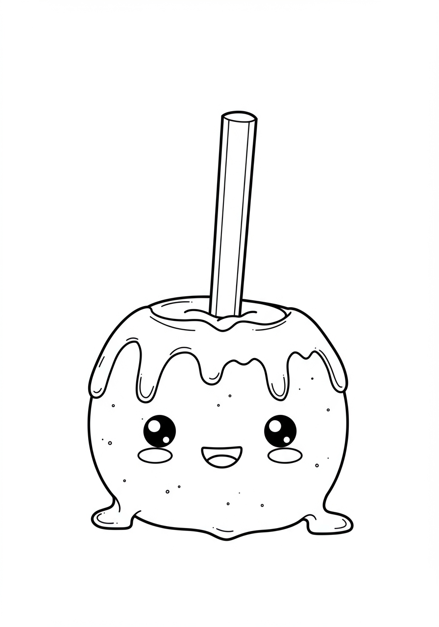 Free printable coloring page featuring a delicious caramel apple with a stick, covered in dripping caramel, perfect for Halloween treats and easy for kids to color.