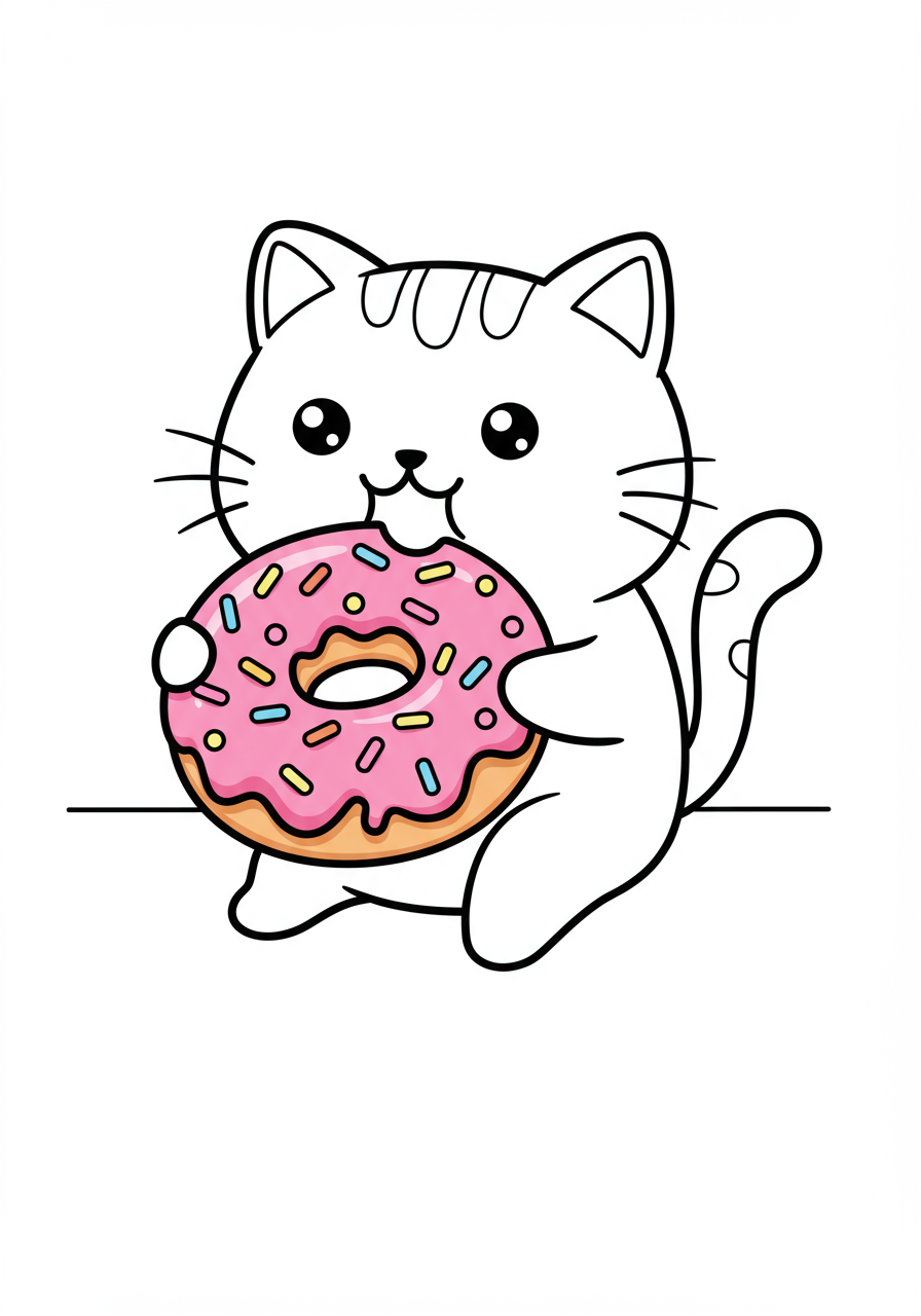 Free printable coloring page featuring a cute cartoon cat happily eating a pink glazed donut with colorful sprinkles, set against a simple background.