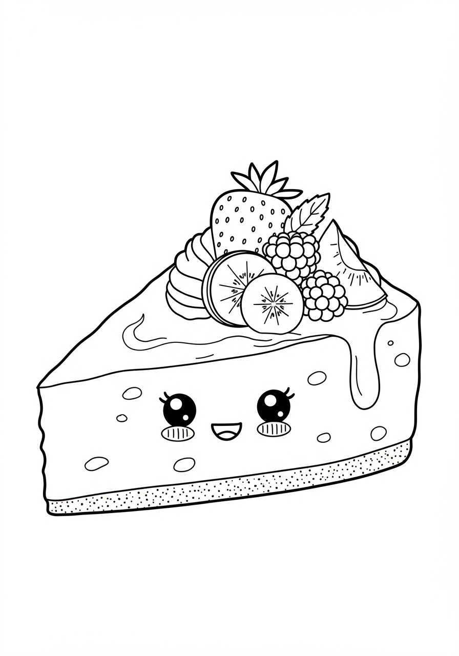 Free printable cheesecake with fruit topping coloring page for kids, featuring a slice of creamy dessert with fresh berries and an easy-to-color design.