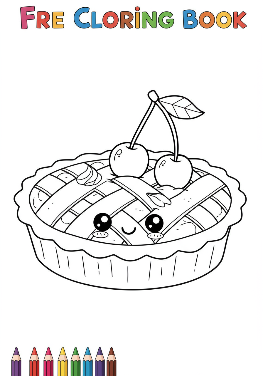 Free printable coloring page featuring a detailed cherry pie with a classic lattice top design, ready for kids to color.