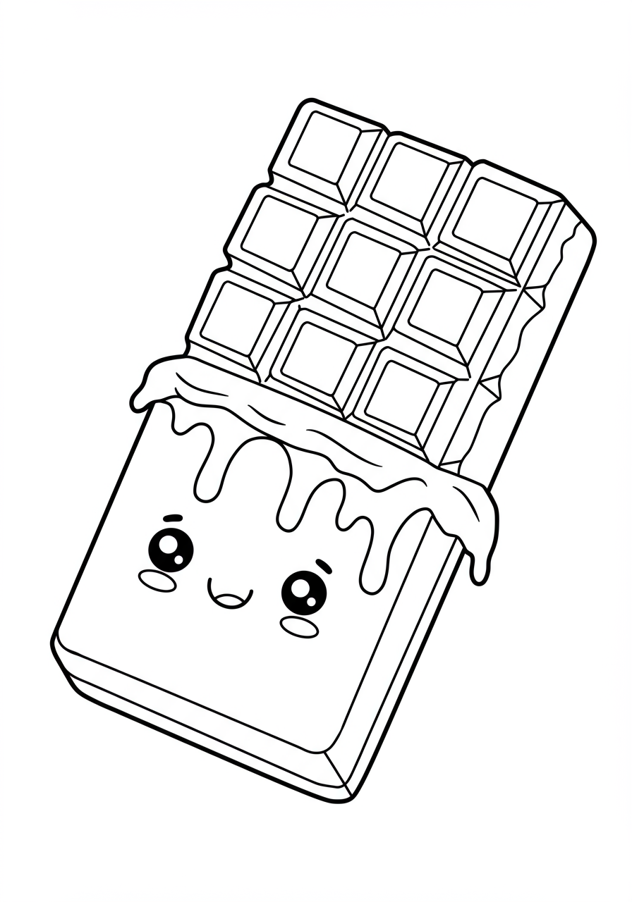 Free printable coloring page depicting a chocolate bar with delicious, gooey melting drips flowing down, suitable for kids.