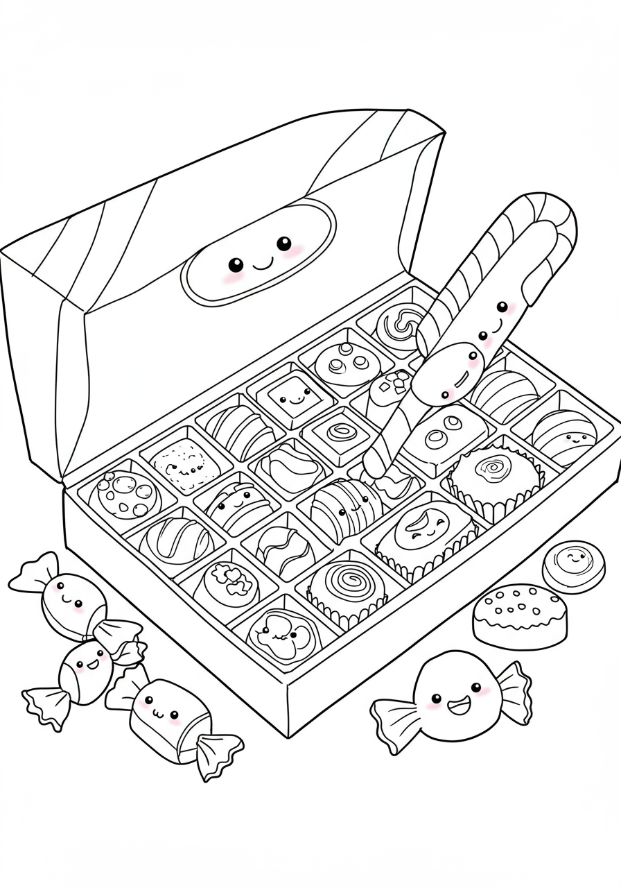A free printable coloring page showing an open chocolate box assortment with various shapes and types of candies, perfect for kids to color.