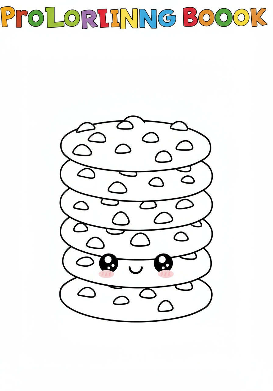A free printable coloring page showing a tall stack of delicious chocolate chip cookies with visible chocolate chips, perfect for kids to color.