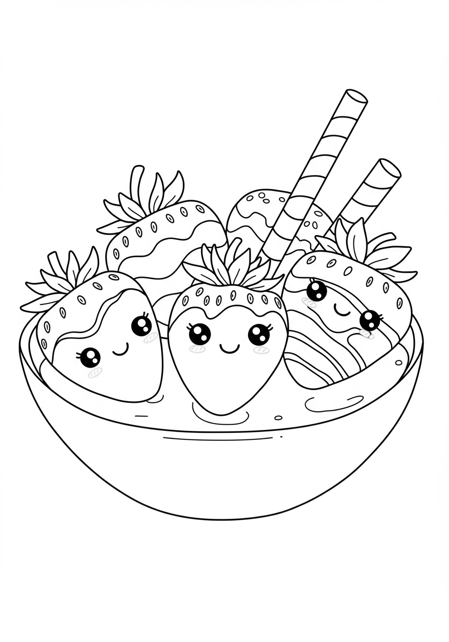 A free printable coloring page featuring delicious chocolate dipped strawberries, perfect for kids to color.